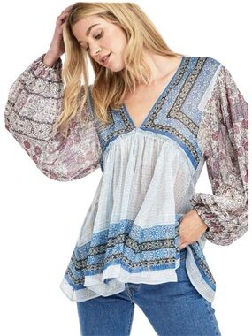 Free People Aliyah Printed Tunic Top Blue Combo Boho Size S NWT